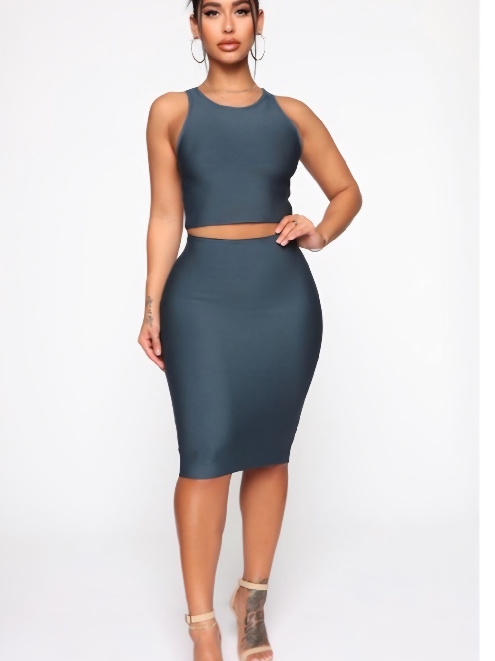 Women’s High-Waist Bodycon Midi Skirt And Crop Top SET in green,  Fashion Nova.